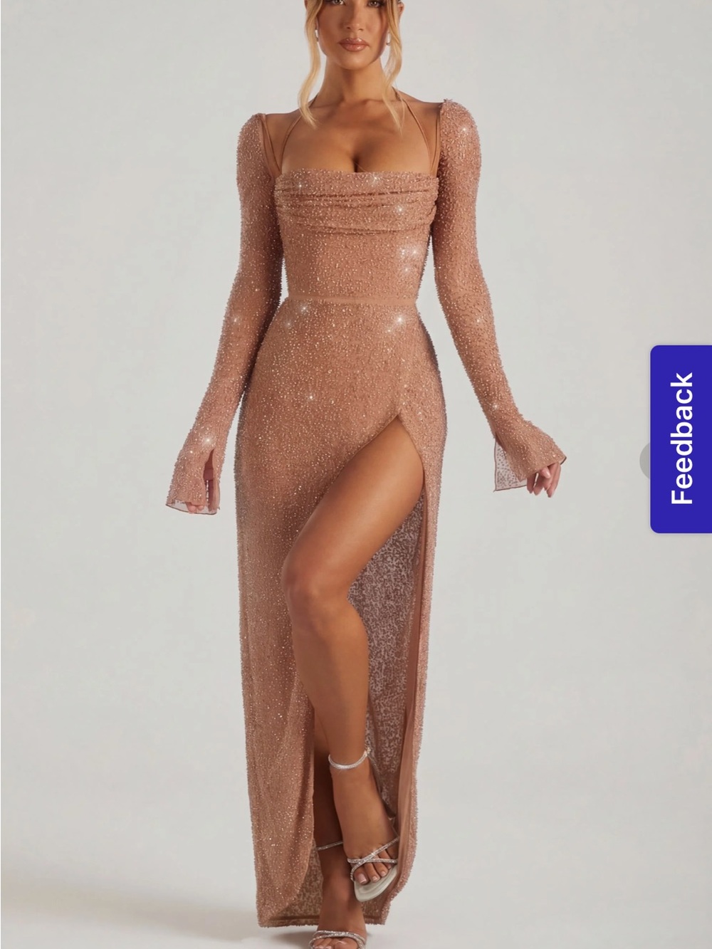 Sparkle Long Sleeve High-Slit Evening Gown - Rose Gold